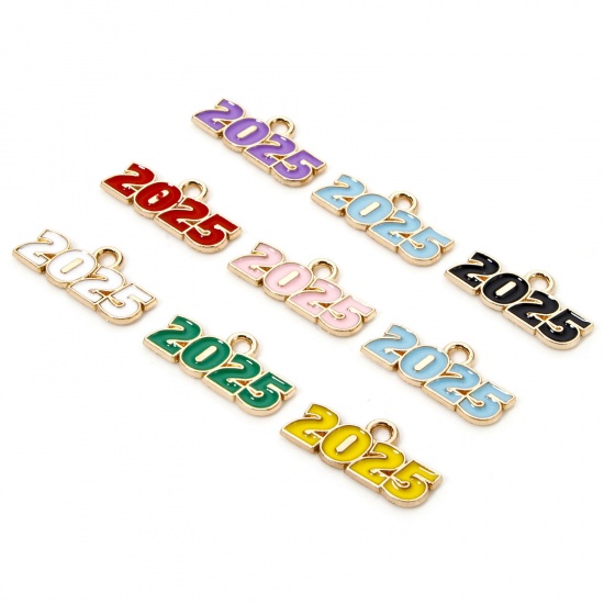 Immagine di 50 Pz Lega di Zinco Anno Ciondoli Oro Placcato Multicolore Lettere " 2025 " Smalto 18mm x 9mm