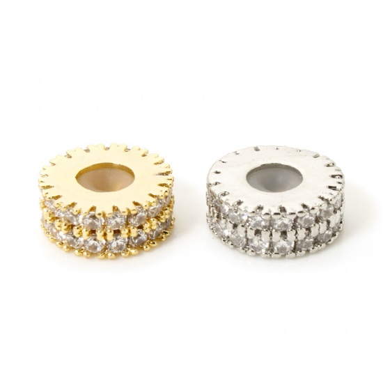 Picture of Brass Spacer Beads For DIY Bracelet Jewelry Making Findings Flat Round Gear Clear Cubic Zirconia About 9.5mm Dia., Hole: Approx 1.4mm