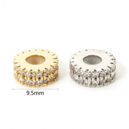 Picture of Brass Spacer Beads For DIY Bracelet Jewelry Making Findings Flat Round Gear Clear Cubic Zirconia About 9.5mm Dia., Hole: Approx 1.4mm