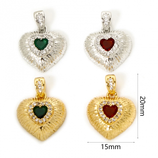 Imagen de 2 Unidades Latón día de San Valentín Colgantes Corazón Multicolor Textura Micro Pave Claro Circón Artificial 20mm x 15mm