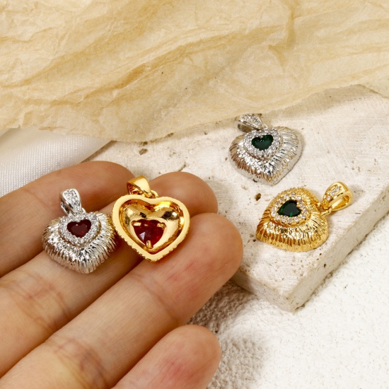 Imagen de 2 Unidades Latón día de San Valentín Colgantes Corazón Multicolor Textura Micro Pave Claro Circón Artificial 20mm x 15mm