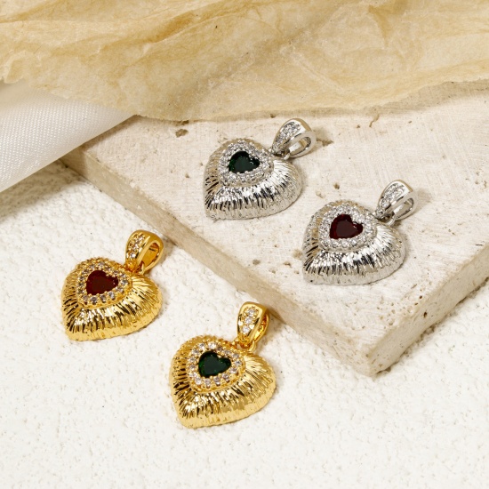 Imagen de 2 Unidades Latón día de San Valentín Colgantes Corazón Multicolor Textura Micro Pave Claro Circón Artificial 20mm x 15mm