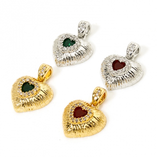 Imagen de 2 Unidades Latón día de San Valentín Colgantes Corazón Multicolor Textura Micro Pave Claro Circón Artificial 20mm x 15mm