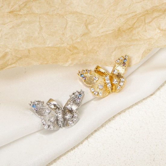 Picture of Brass Insect Charm Pendant Multicolor Butterfly Animal Texture Micro Pave Multicolour Cubic Zirconia 22.5mm x 16mm