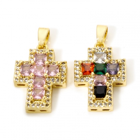 1 Unidad Latón Religión Colgantes Charms Oro Real Chapado Cruz Micro Pave Multicolor Rhinestone Claro Circón Artificial 23mm x 13mm