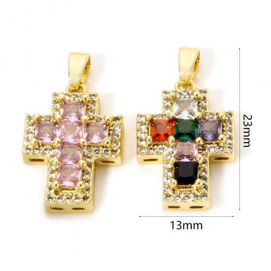 Imagen de 1 Unidad Latón Religión Colgantes Charms Oro Real Chapado Cruz Micro Pave Multicolor Rhinestone Claro Circón Artificial 23mm x 13mm