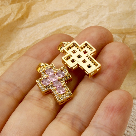 Imagen de 1 Unidad Latón Religión Colgantes Charms Oro Real Chapado Cruz Micro Pave Multicolor Rhinestone Claro Circón Artificial 23mm x 13mm
