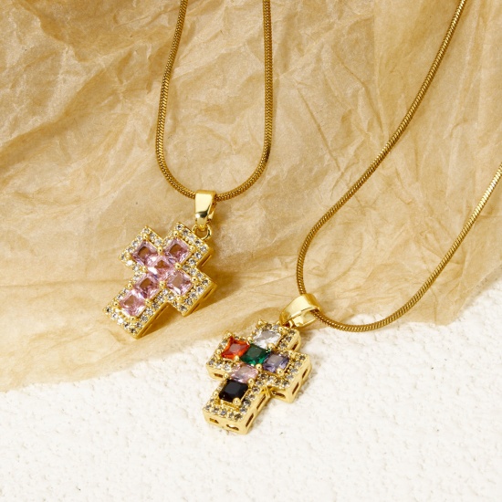 Imagen de 1 Unidad Latón Religión Colgantes Charms Oro Real Chapado Cruz Micro Pave Multicolor Rhinestone Claro Circón Artificial 23mm x 13mm