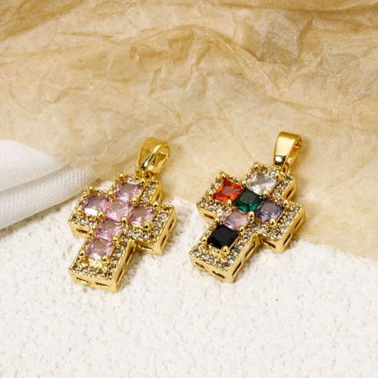 Imagen de 1 Unidad Latón Religión Colgantes Charms Oro Real Chapado Cruz Micro Pave Multicolor Rhinestone Claro Circón Artificial 23mm x 13mm