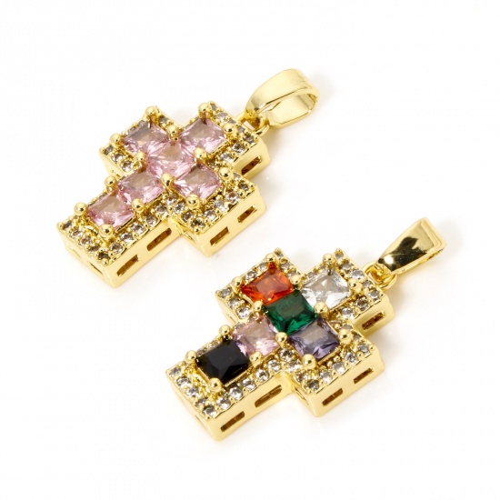 Imagen de 1 Unidad Latón Religión Colgantes Charms Oro Real Chapado Cruz Micro Pave Multicolor Rhinestone Claro Circón Artificial 23mm x 13mm
