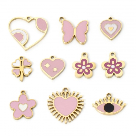 Immagine di 2 Pz Placcatura Sottovuoto Ecologica 304 Acciaio Inossidabile San Valentino Ciondoli Cuore 18K Vero Oro Placcato Rosa Fiore Smalto
