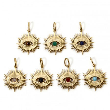 1 Pièce Breloques en 304 Acier Inoxydable Placage Sous Vide Écologique Religieux Plaqué Or Véritable 14K Multicolore Oeil de la Providence/ Oeil Qui Voit Tout Avec Cabochon de Gemme Synthétique 26mm x 18mm