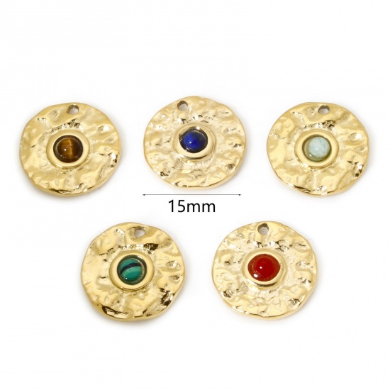 Immagine di 1 Pz Placcatura Sottovuoto Ecologica 304 Acciaio Inossidabile Ciondoli Tondo 14K Vero Oro Placcato Multicolore Con Cabochon di Gemma Sintetica 15mm Dia.