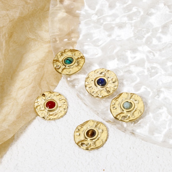 Immagine di 1 Pz Placcatura Sottovuoto Ecologica 304 Acciaio Inossidabile Ciondoli Tondo 14K Vero Oro Placcato Multicolore Con Cabochon di Gemma Sintetica 15mm Dia.