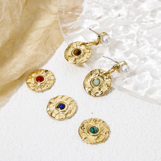 Immagine di 1 Pz Placcatura Sottovuoto Ecologica 304 Acciaio Inossidabile Ciondoli Tondo 14K Vero Oro Placcato Multicolore Con Cabochon di Gemma Sintetica 15mm Dia.