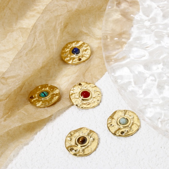 Immagine di 1 Pz Placcatura Sottovuoto Ecologica 304 Acciaio Inossidabile Ciondoli Tondo 14K Vero Oro Placcato Multicolore Con Cabochon di Gemma Sintetica 15mm Dia.