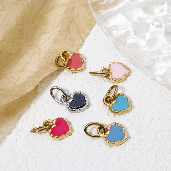 Bild von Umweltfreundliche Vakuumbeschichtung 304 Edelstahl Valentinstag Charms Herz Echtgold plattiert Bunt Emaille 15mm x 8mm