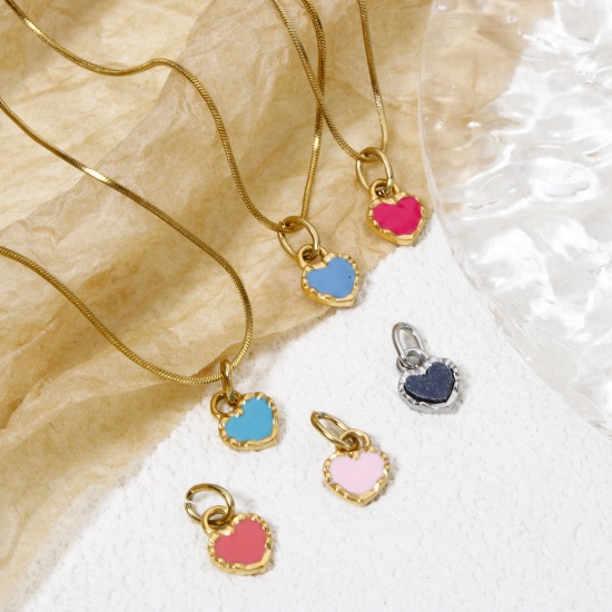 Bild von Umweltfreundliche Vakuumbeschichtung 304 Edelstahl Valentinstag Charms Herz Echtgold plattiert Bunt Emaille 15mm x 8mm