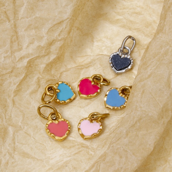 Bild von Umweltfreundliche Vakuumbeschichtung 304 Edelstahl Valentinstag Charms Herz Echtgold plattiert Bunt Emaille 15mm x 8mm