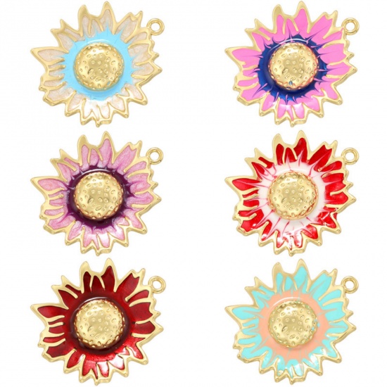 Imagen de 1 Unidad Latón Colgantes Chapado en Oro de 18K Multicolor Girasol Esmalte 28.5mm x 24.5mm