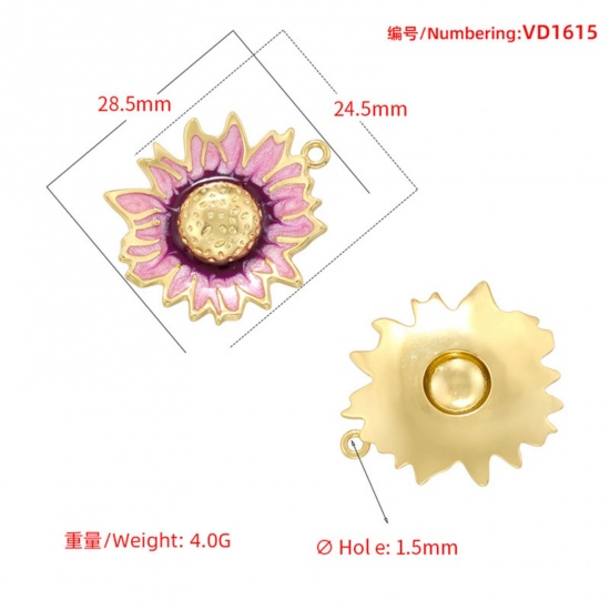 Imagen de 1 Unidad Latón Colgantes Chapado en Oro de 18K Multicolor Girasol Esmalte 28.5mm x 24.5mm