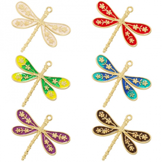 Imagen de 1 Unidad Latón Insecto Colgantes Libélula Chapado en Oro de 18K Multicolor Esmalte 25.5mm x 23mm