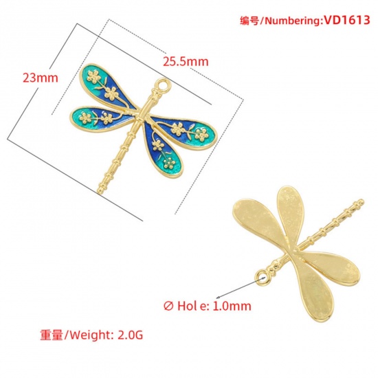 Imagen de 1 Unidad Latón Insecto Colgantes Libélula Chapado en Oro de 18K Multicolor Esmalte 25.5mm x 23mm