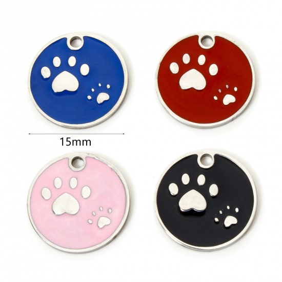 Immagine di 2 Pz 304 Acciaio Inossidabile Memoriale dell'animale Ciondoli Tondo Tono Argento Orma di Zampa Smalto 15mm Dia.