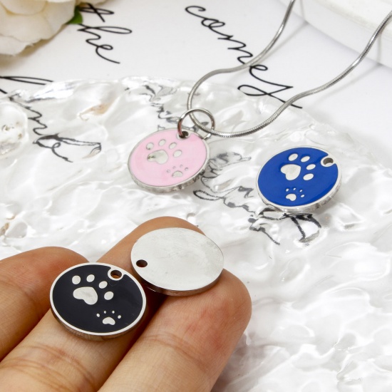 Immagine di 2 Pz 304 Acciaio Inossidabile Memoriale dell'animale Ciondoli Tondo Tono Argento Orma di Zampa Smalto 15mm Dia.