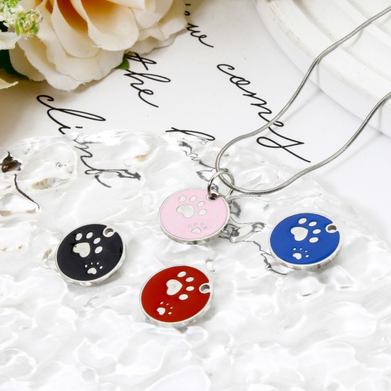 Immagine di 2 Pz 304 Acciaio Inossidabile Memoriale dell'animale Ciondoli Tondo Tono Argento Orma di Zampa Smalto 15mm Dia.