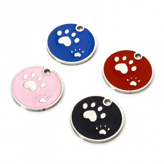Immagine di 2 Pz 304 Acciaio Inossidabile Memoriale dell'animale Ciondoli Tondo Tono Argento Orma di Zampa Smalto 15mm Dia.