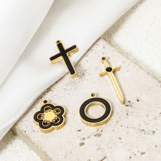 Picture of Vacuum Plating 304 Stainless Steel Charms 18K Gold Plated Black Enamel