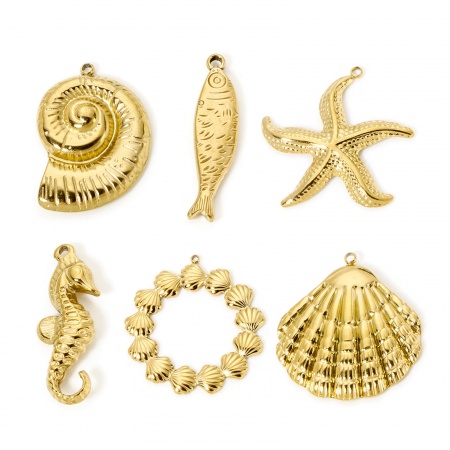 Umweltfreundliche Vakuumbeschichtung 304 Edelstahl Ozean Schmuck Anhaenger Seepferdchen 18K Echtgold plattiert Muschelschale 3D