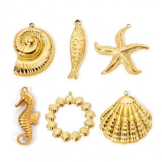 Image de 1 Pièce Pendentifs en 304 Acier Inoxydable Placage Sous Vide Écologique Bijoux d'Océan Cheval de Mer Plaqué Or Véritable 18K Coquilles 3D