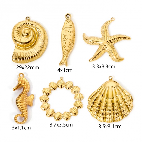 Image de 1 Pièce Pendentifs en 304 Acier Inoxydable Placage Sous Vide Écologique Bijoux d'Océan Cheval de Mer Plaqué Or Véritable 18K Coquilles 3D