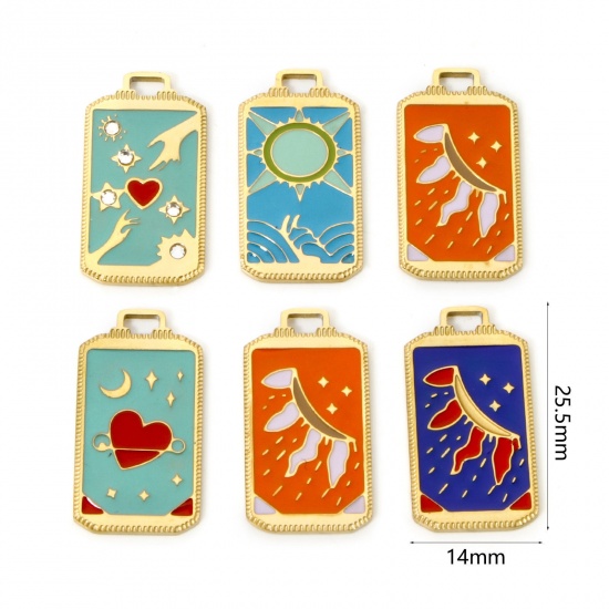 Immagine di 1 Pz Placcatura Sottovuoto Ecologica 304 Acciaio Inossidabile Tarocchi Ciondoli Rettangolo 18K Vero Oro Placcato Sole Smalto 25.5mm x 14mm