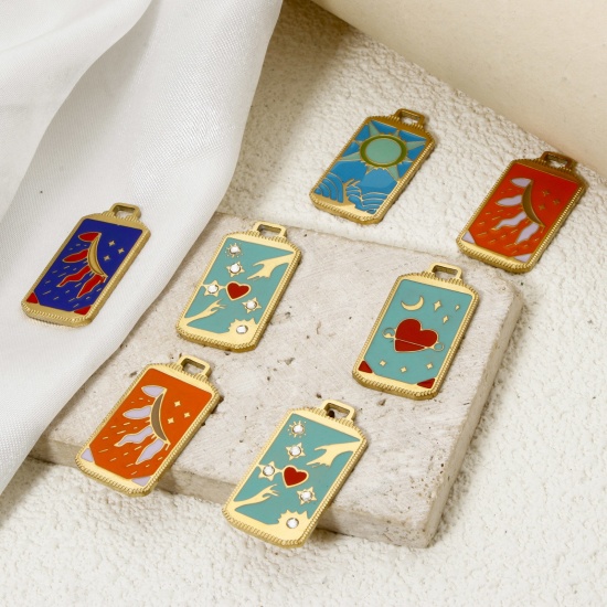 Immagine di 1 Pz Placcatura Sottovuoto Ecologica 304 Acciaio Inossidabile Tarocchi Ciondoli Rettangolo 18K Vero Oro Placcato Sole Smalto 25.5mm x 14mm