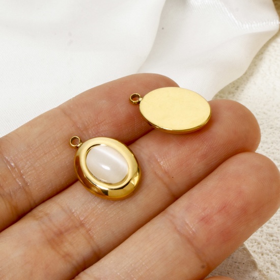 Picture of Eco-friendly Vacuum Plating 304 Stainless Steel Charms 18K Real Gold Plated Oval With Synthetic Gemstone Cabochons 17mm x 11mm