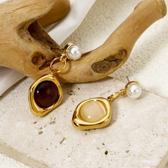 Bild von Umweltfreundliche Vakuumbeschichtung 304 Edelstahl Charmes Unregelmäßig 18K Echtgold plattiert Mit synthetischen Edelstein Cabochons 20mm x 15mm