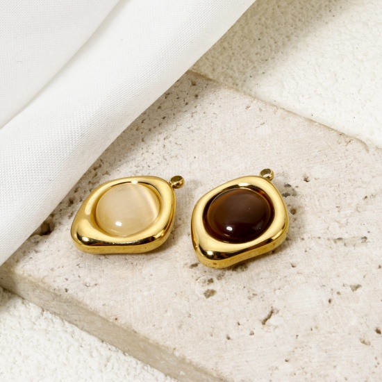 Bild von Umweltfreundliche Vakuumbeschichtung 304 Edelstahl Charmes Unregelmäßig 18K Echtgold plattiert Mit synthetischen Edelstein Cabochons 20mm x 15mm