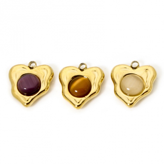 Immagine di 1 Pz Placcatura Sottovuoto Ecologica 304 Acciaio Inossidabile Ciondoli Cuore 18K Vero Oro Placcato Con Cabochon di Gemma Sintetica 14mm x 13mm