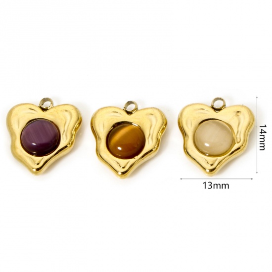 Immagine di 1 Pz Placcatura Sottovuoto Ecologica 304 Acciaio Inossidabile Ciondoli Cuore 18K Vero Oro Placcato Con Cabochon di Gemma Sintetica 14mm x 13mm