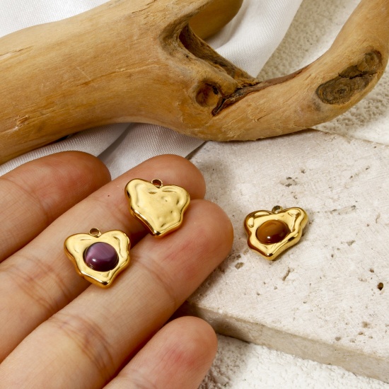 Immagine di 1 Pz Placcatura Sottovuoto Ecologica 304 Acciaio Inossidabile Ciondoli Cuore 18K Vero Oro Placcato Con Cabochon di Gemma Sintetica 14mm x 13mm