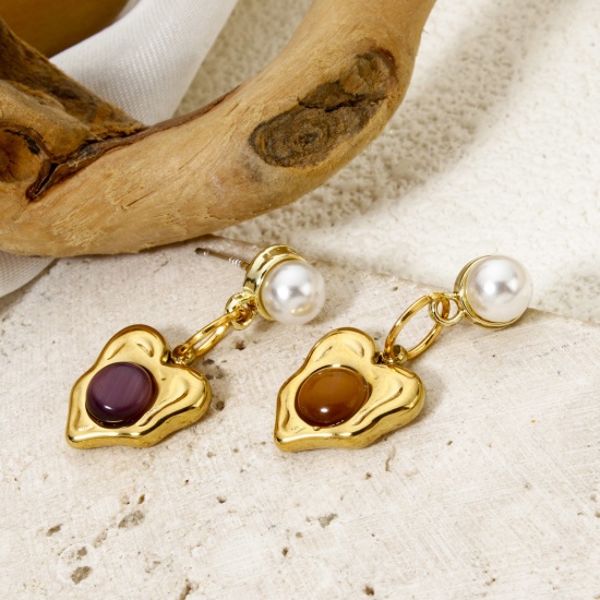 Immagine di 1 Pz Placcatura Sottovuoto Ecologica 304 Acciaio Inossidabile Ciondoli Cuore 18K Vero Oro Placcato Con Cabochon di Gemma Sintetica 14mm x 13mm