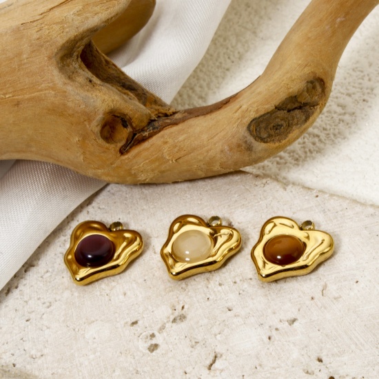 Immagine di 1 Pz Placcatura Sottovuoto Ecologica 304 Acciaio Inossidabile Ciondoli Cuore 18K Vero Oro Placcato Con Cabochon di Gemma Sintetica 14mm x 13mm