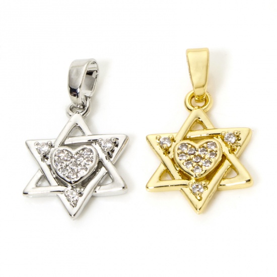 Imagen de 2 Unidades Latón Religión Colgantes Charms Estrella de David Hexagrama Multicolor Micro Pave Claro Circón Artificial 21mm x 12mm