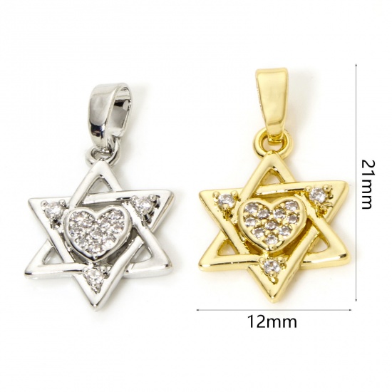 Imagen de 2 Unidades Latón Religión Colgantes Charms Estrella de David Hexagrama Multicolor Micro Pave Claro Circón Artificial 21mm x 12mm