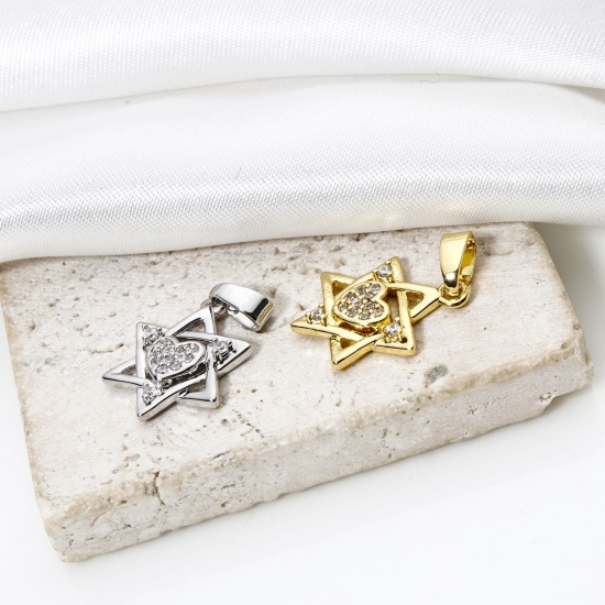 Imagen de 2 Unidades Latón Religión Colgantes Charms Estrella de David Hexagrama Multicolor Micro Pave Claro Circón Artificial 21mm x 12mm