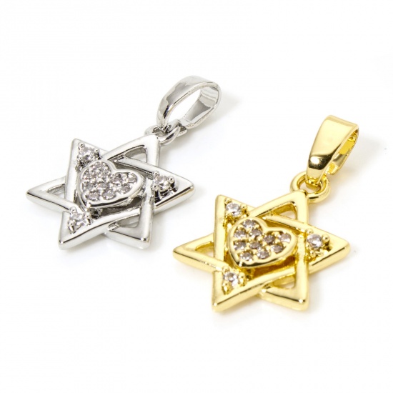 Imagen de 2 Unidades Latón Religión Colgantes Charms Estrella de David Hexagrama Multicolor Micro Pave Claro Circón Artificial 21mm x 12mm