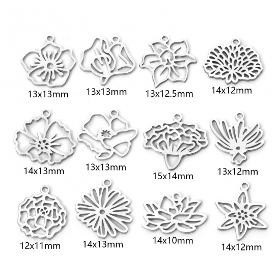 Imagen de 2 Unidades 304 Acero Inoxidable Flor del Mes de Nacimiento Colgantes Tono de Plata Hueco